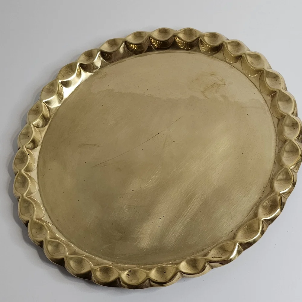 Vintage Moroccan Handmade Brass Tray Plate Morocco Scalloped Edge